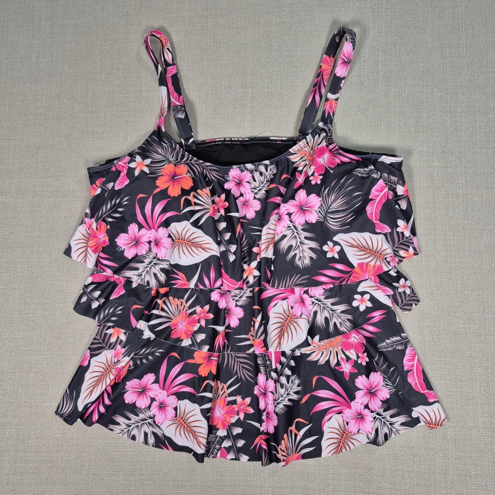 a.Jesdani Tropical Floral Ruffle Tiered Tankini Swim Black Pink Top Only 3XL New
